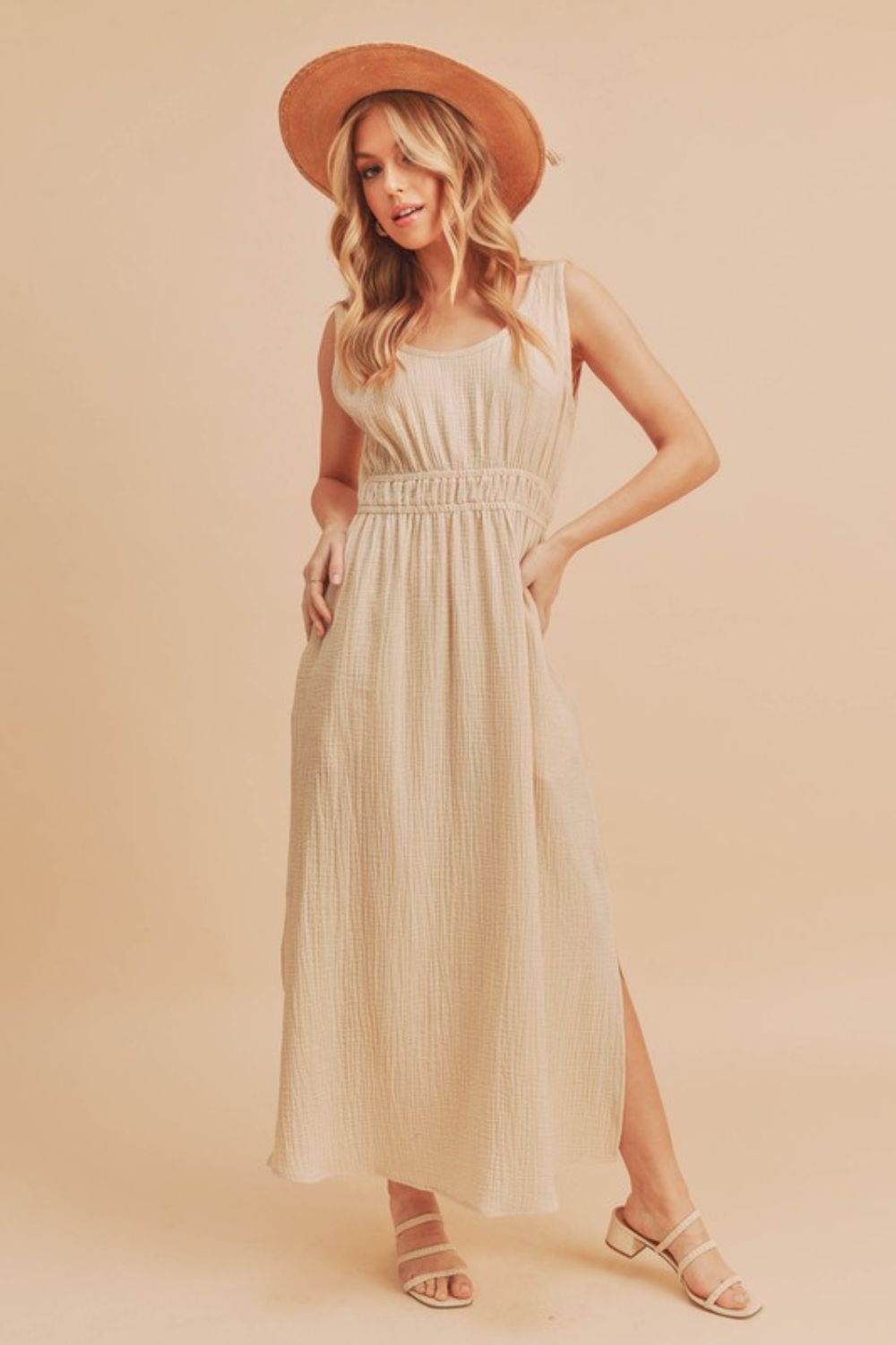 Aemi + Co Side Slit Round Neck Sleeveless Tank Dress Oatmeal