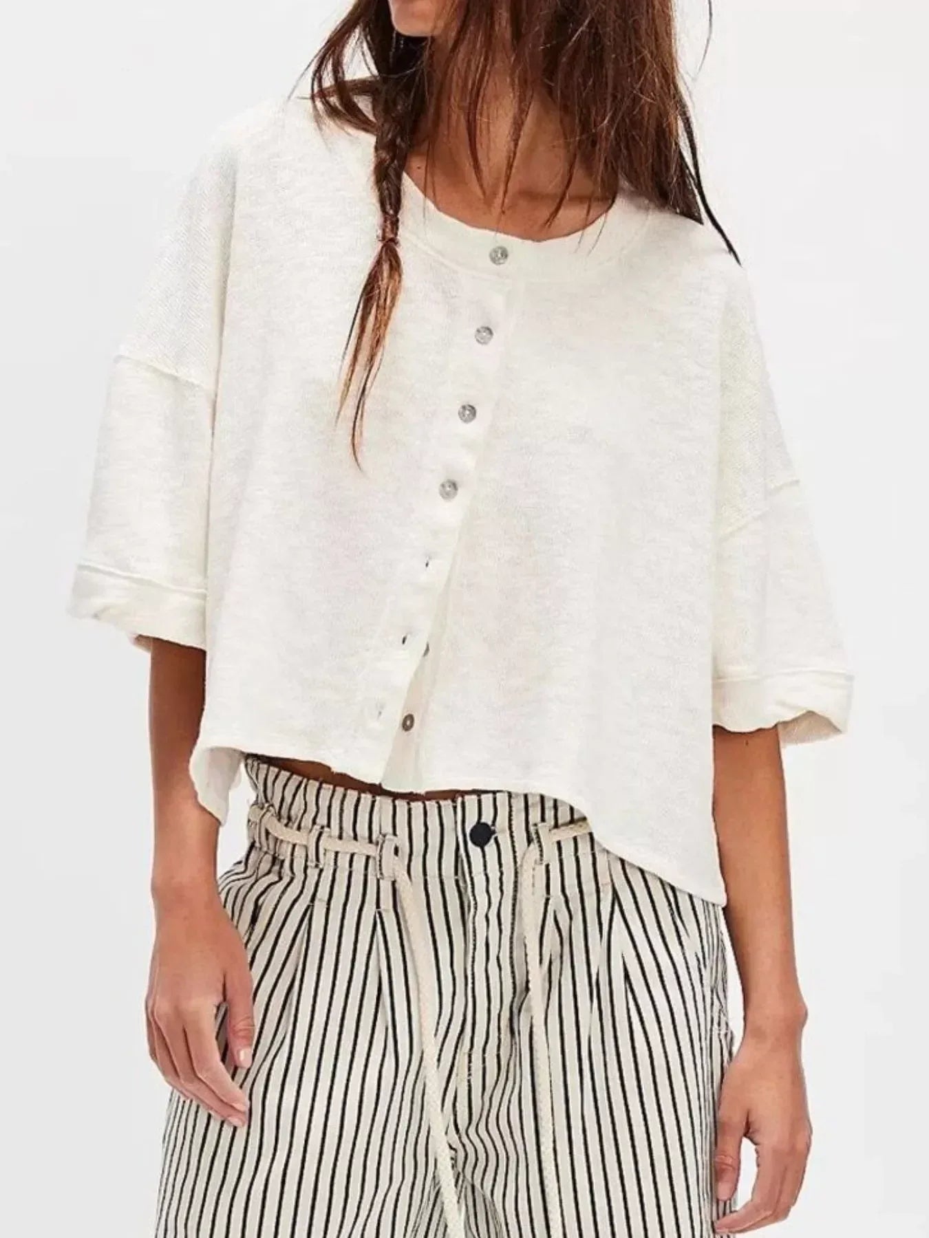 Button-Front Half Sleeve Cardigan - DAVERRI FASHIONS