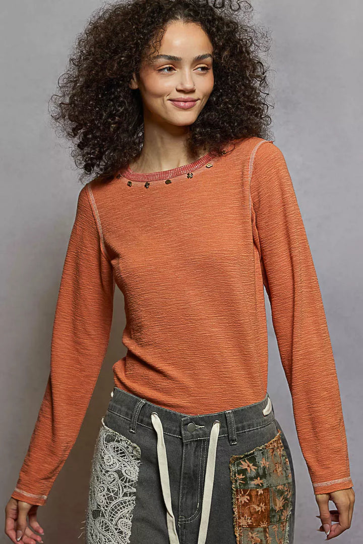 DRIED APRICOT POL Round Neck Long Sleeve Contrast Stitching T-Shirt with Stud Detail | Daverri Fashions