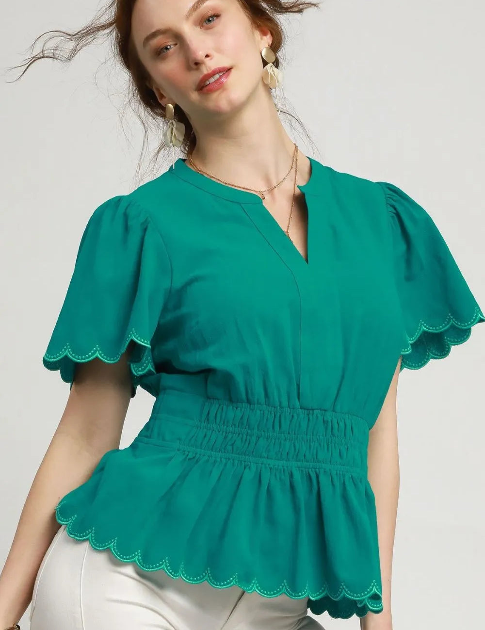 Turquoise Umgee Scalloped Edge Flutter Sleeve Blouse | Blouses Daverri Fashions