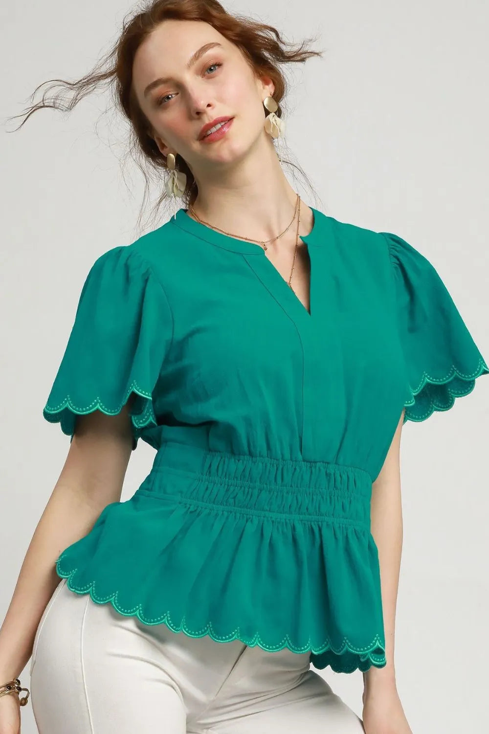 Turquoise Umgee Scalloped Edge Flutter Sleeve Blouse | Blouses Daverri Fashions