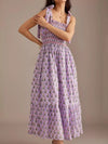 Lavender floral print smocked tie-shoulder midi dress