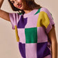 Vibrant SO ME Mardi Gras check plaid knit sweater in lavender, purple, green, yellow