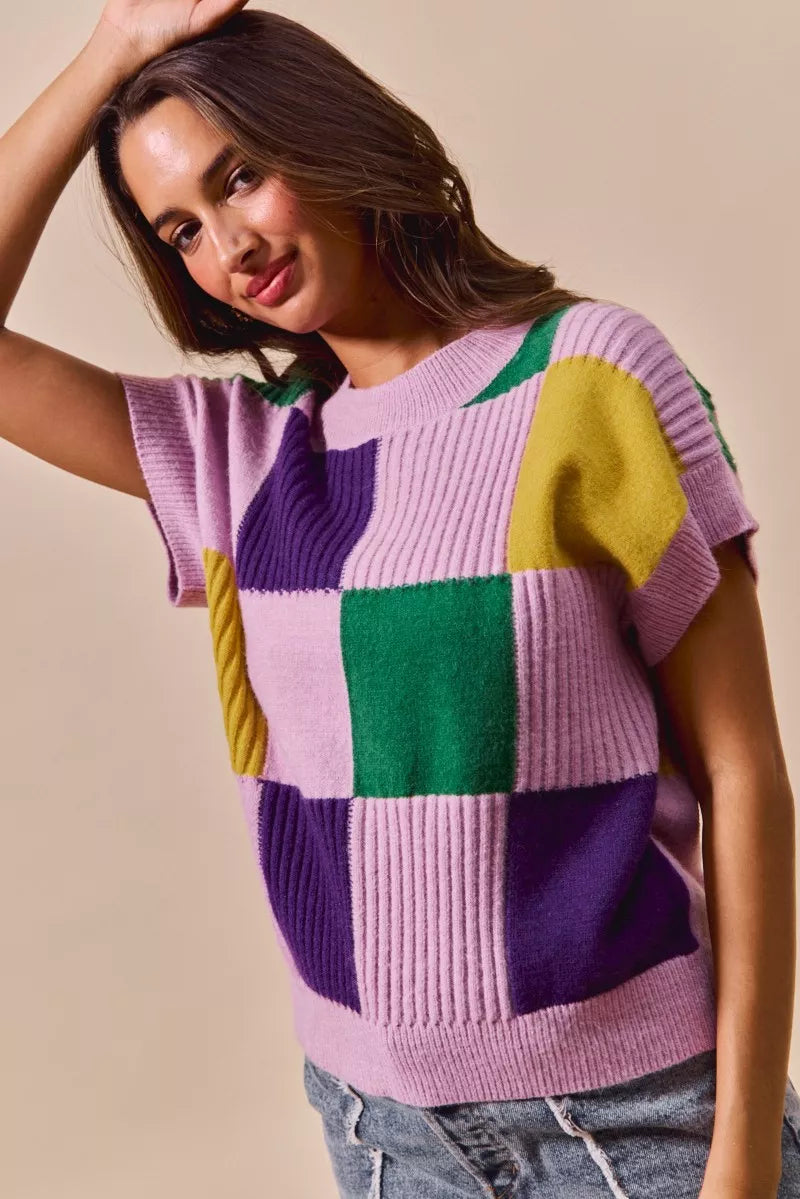 Vibrant SO ME Mardi Gras check plaid knit sweater in lavender, purple, green, yellow