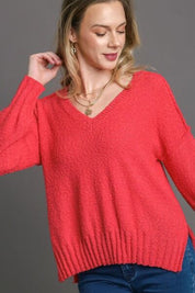 Umgee Full Size Dropped Shoulder Side Slit Sweater Plus Size Strawberry Sweaters