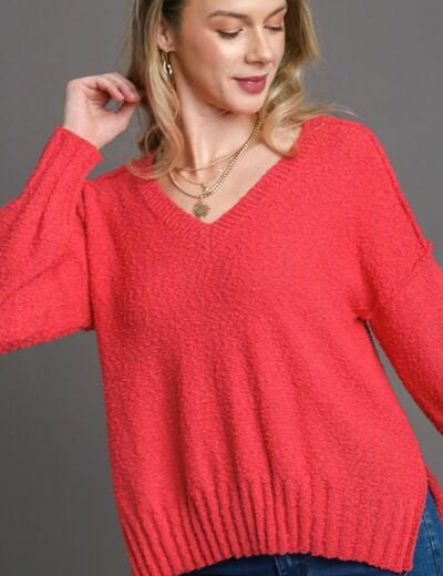 Umgee Full Size Dropped Shoulder Side Slit Sweater Plus Size Strawberry Sweaters