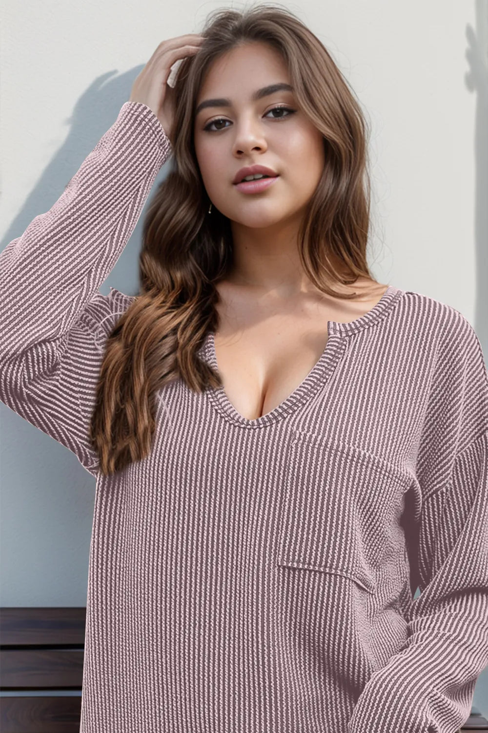 Double Take Striped Notched Long Sleeve T-Shirt | T-Shirts Daverri Fashions