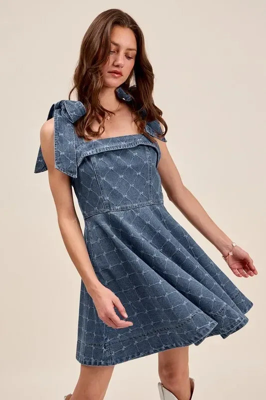 SO ME A Line Fit and Flare Diamond Bow Ribbon Denim Dres - DAVERRI FASHIONS