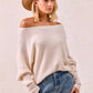 BiBi Waffle Knit Off Shoulder Top in beige ribbed knit with loose sleeves