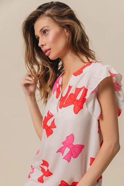 BiBi Bow Printed Woven Ruffled Sleeves V Neck Top - DAVERRI FASHIONS