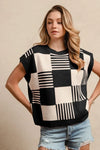 BiBi Checker With Stripes Pattern Sleeveless Sweater - DAVERRI FASHIONS