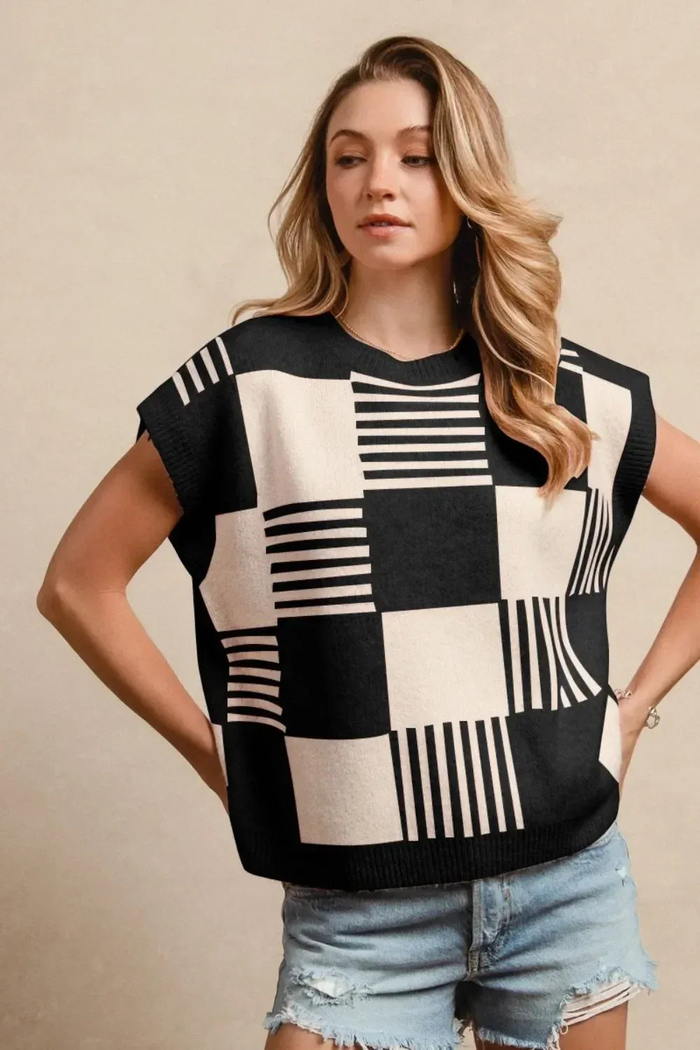 BiBi Checker With Stripes Pattern Sleeveless Sweater - DAVERRI FASHIONS