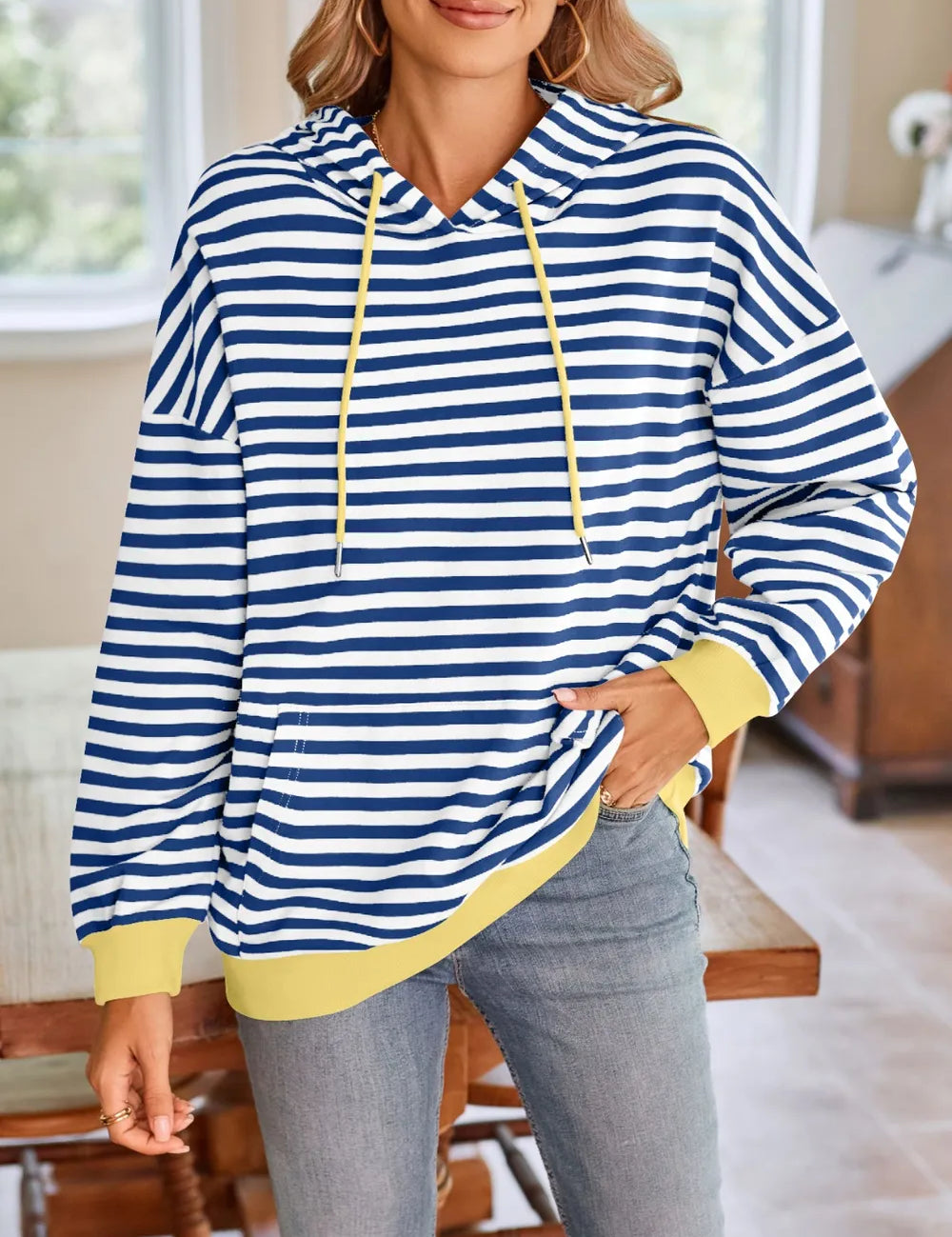 Royal Blue Lovelet Drawstring Striped Long Sleeve Hoodie | Hoodies Daverri Fashions