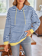 Royal Blue Lovelet Drawstring Striped Long Sleeve Hoodie | Hoodies Daverri Fashions
