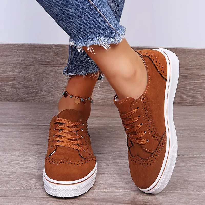 Brown Lace-Up Suedette Flat Sneakers | Sneakers Daverri Fashions