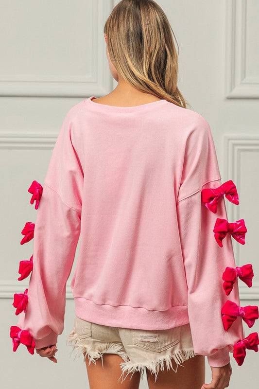 BiBi Velvet Ribbon Bows Long Sleeve Round Neck Sweatshirt Sweatshirts