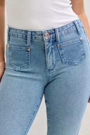 Judy Blue high-waisted light blue denim bootcut jeans with button fly