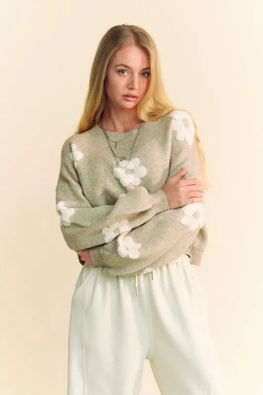 Davi & Dani sage green floral drop shoulder cropped sweater