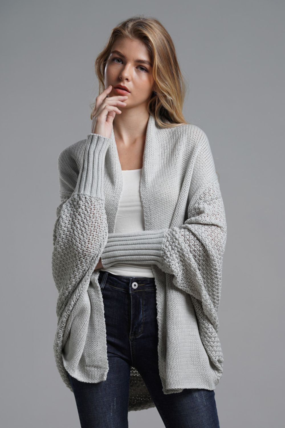 Dolman Sleeve Open Front Ribbed Trim Longline Cardigan | Cardigans Daverri Fashions
