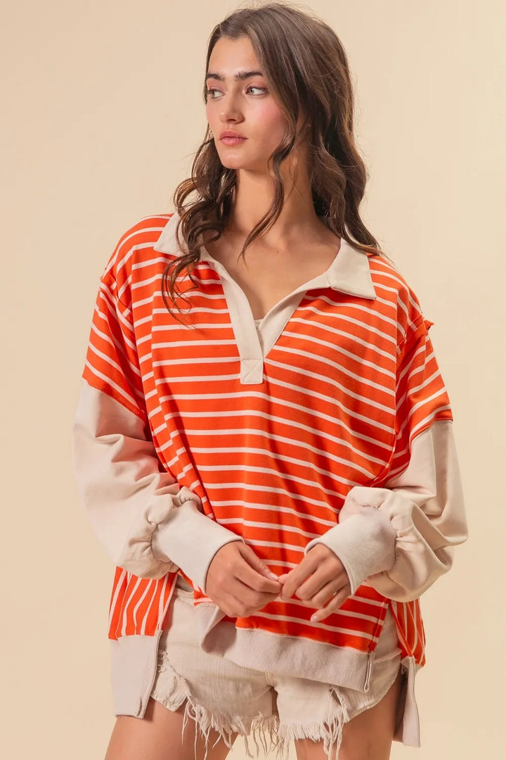 BiBi Stripe Knit Loose Fit Top With Cut Edge Detail Tops
