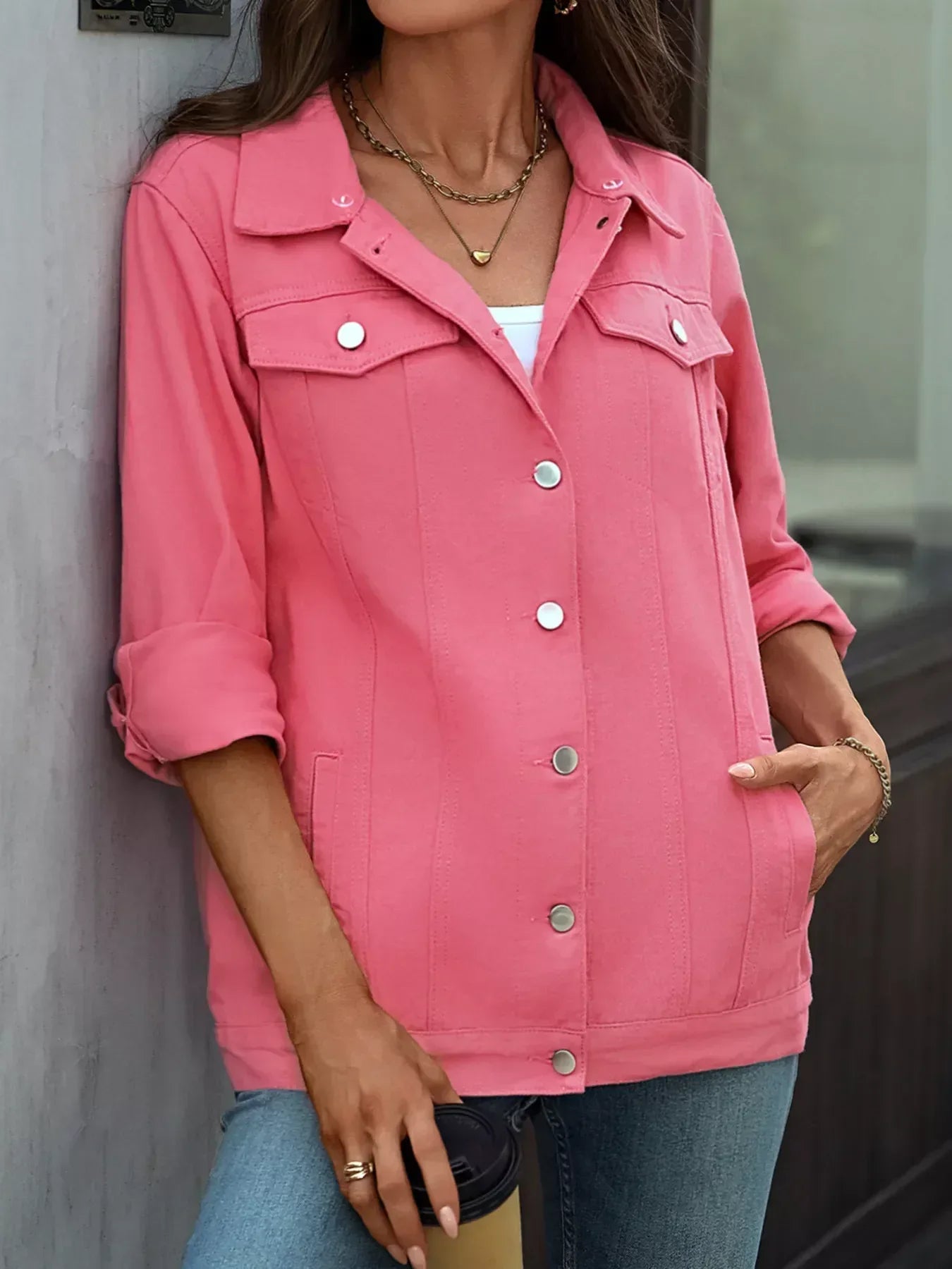 Button Up Long Sleeve Denim Jacket - DAVERRI FASHIONS