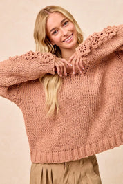 BiBi Chunky Knit Sweater with Flower Detail Sleeves | Sweaters Daverri Fashions