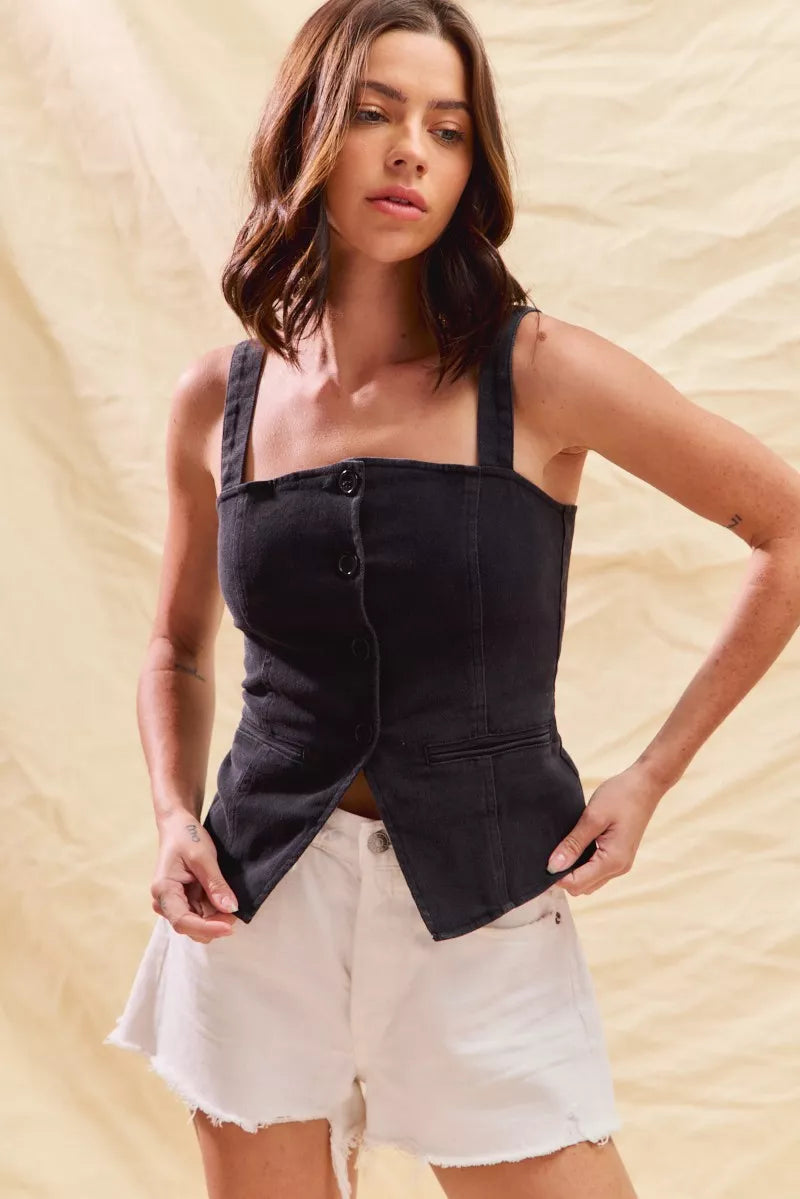 SO ME Button Down Sleeveless Game Day Fitted Denim Top | Daverri Fashions