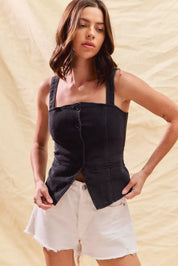 SO ME Button Down Sleeveless Game Day Fitted Denim Top | Daverri Fashions
