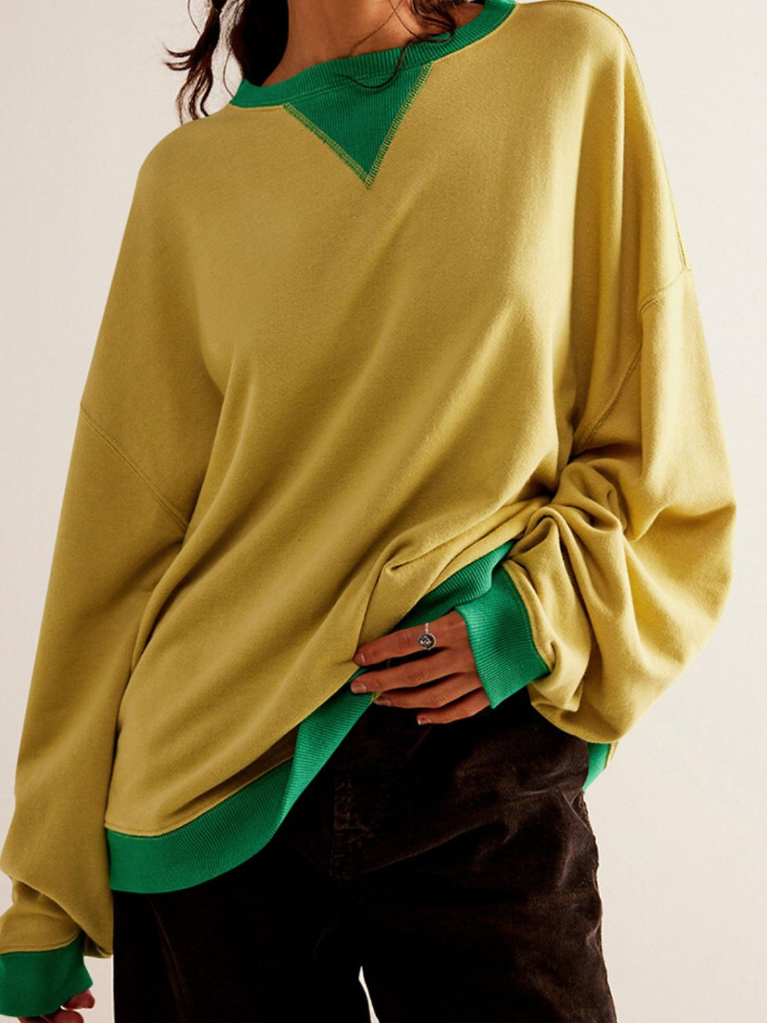 Contrast Trim Round Neck Long Sleeve Sweatshirt Gold Tops