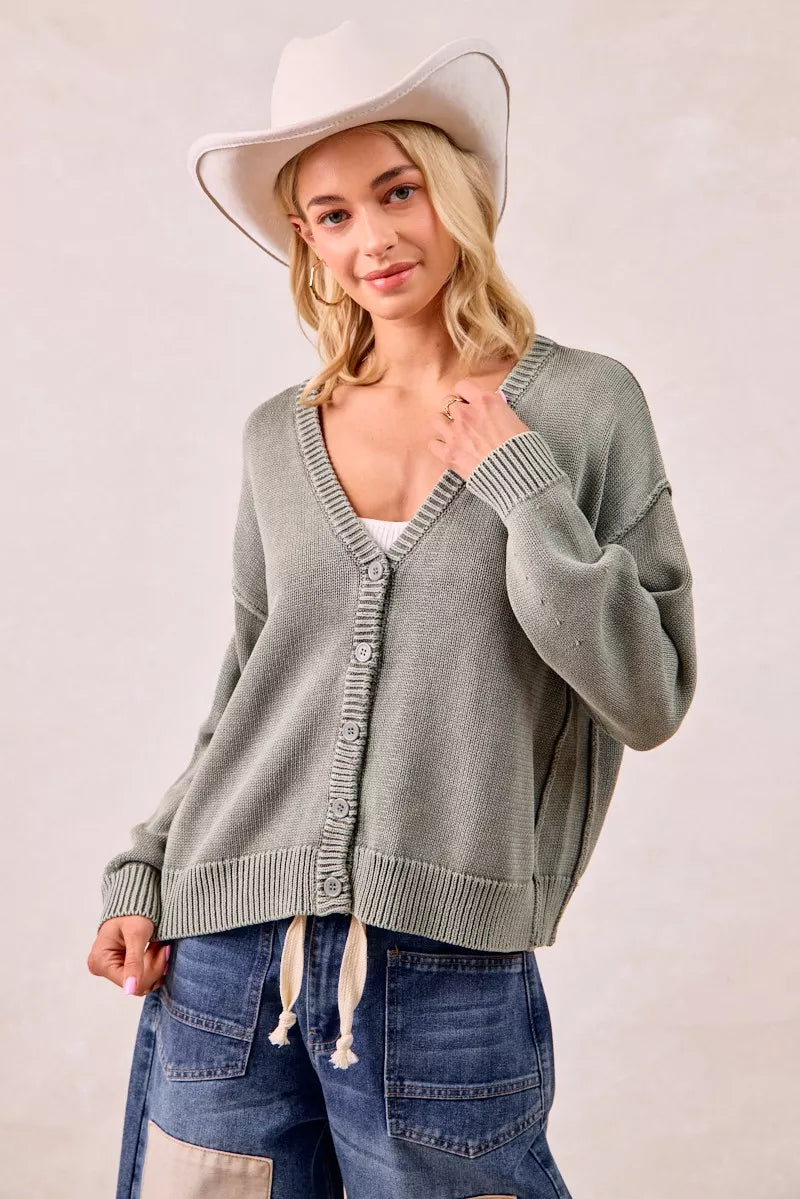 BiBi Washed Sweater V Neck Cardigan | Daverri Fashions