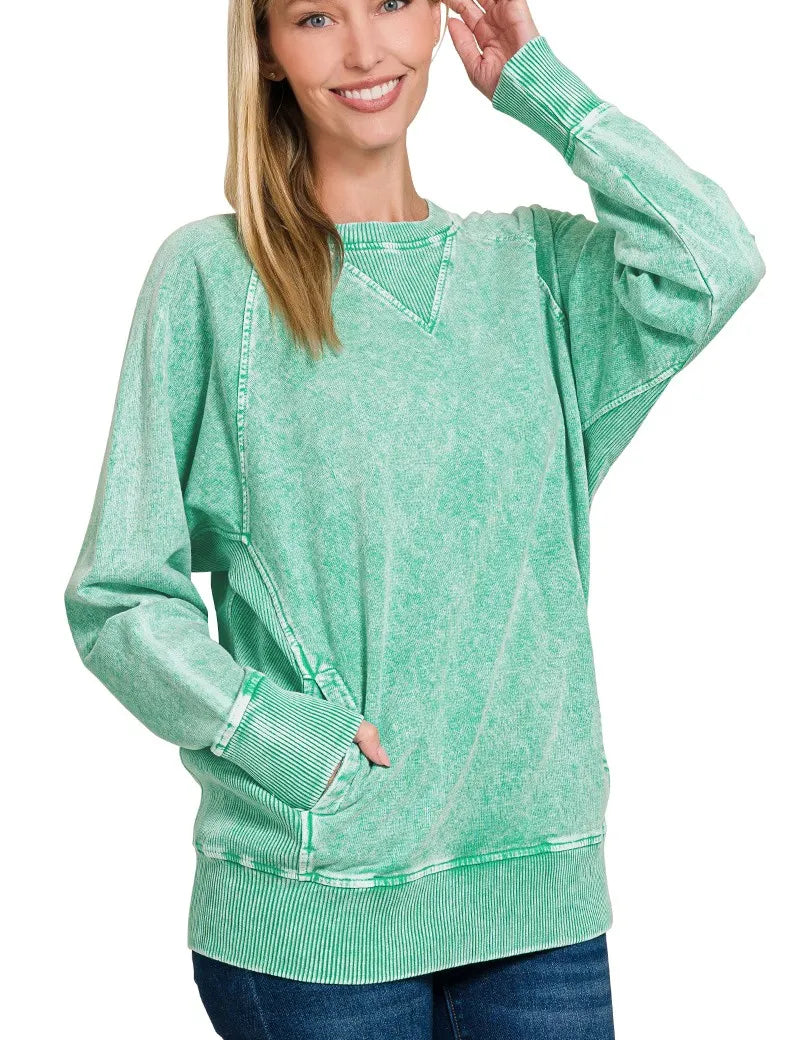 K GREEN Zenana Halo Snow Washed French Terry Round Neck Sweatshirt K Green | Sweatshirts Daverri Fashions