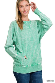 K GREEN Zenana Halo Snow Washed French Terry Round Neck Sweatshirt K Green | Sweatshirts Daverri Fashions