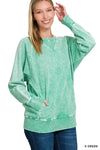 Zenana Halo Snow Washed French Terry Round Neck Sweatshirt K Green - DAVERRI FASHIONS