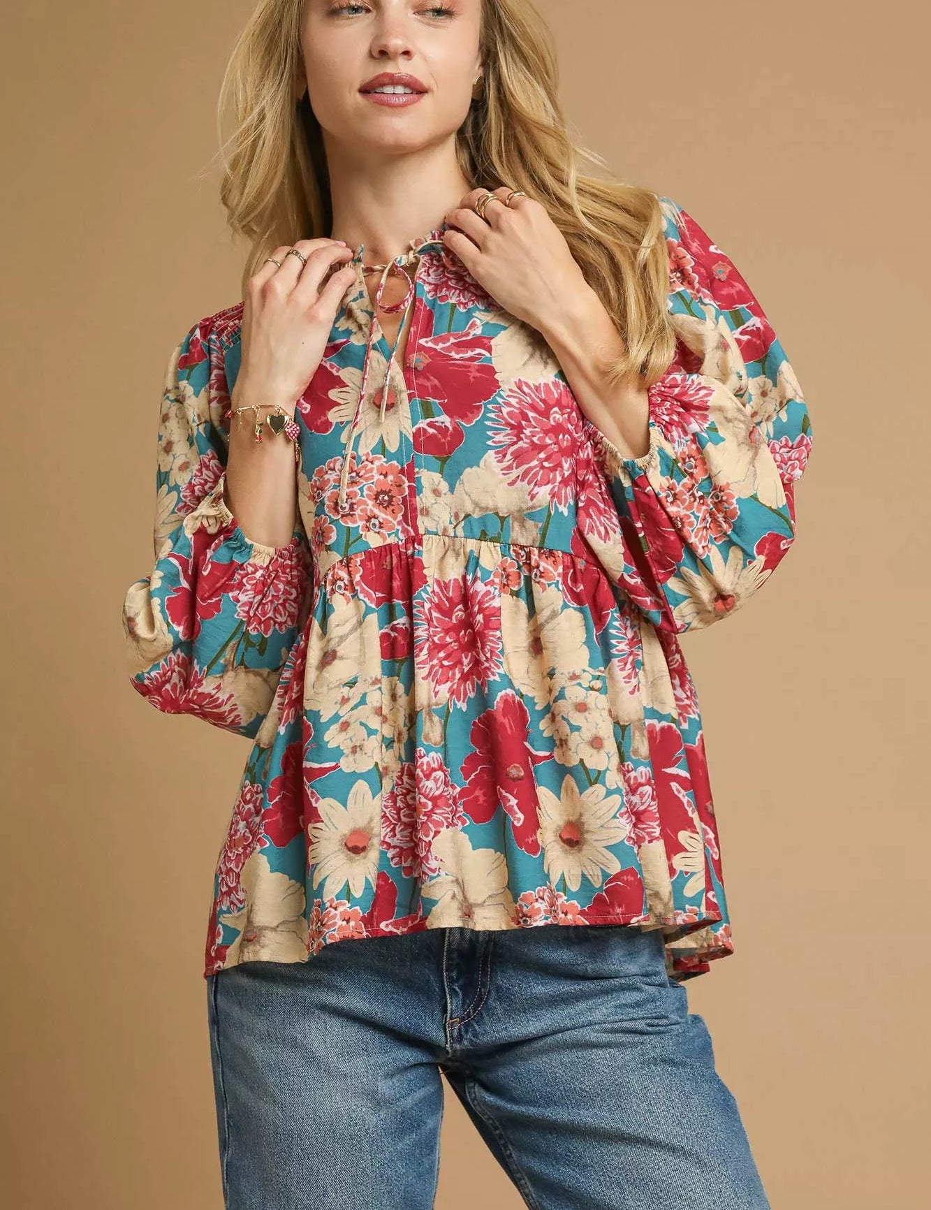 LAGOON MIX Umgee Mix Floral Peplum Blouse with Tie Neck | Blouses Daverri Fashions
