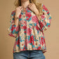 Umgee Mix Floral Peplum Blouse with Tie Neck - DAVERRI FASHIONS