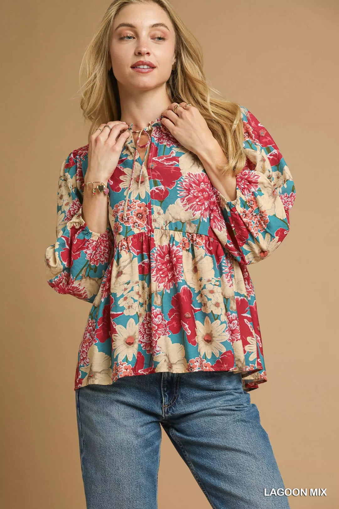 LAGOON MIX Umgee Mix Floral Peplum Blouse with Tie Neck | Blouses Daverri Fashions
