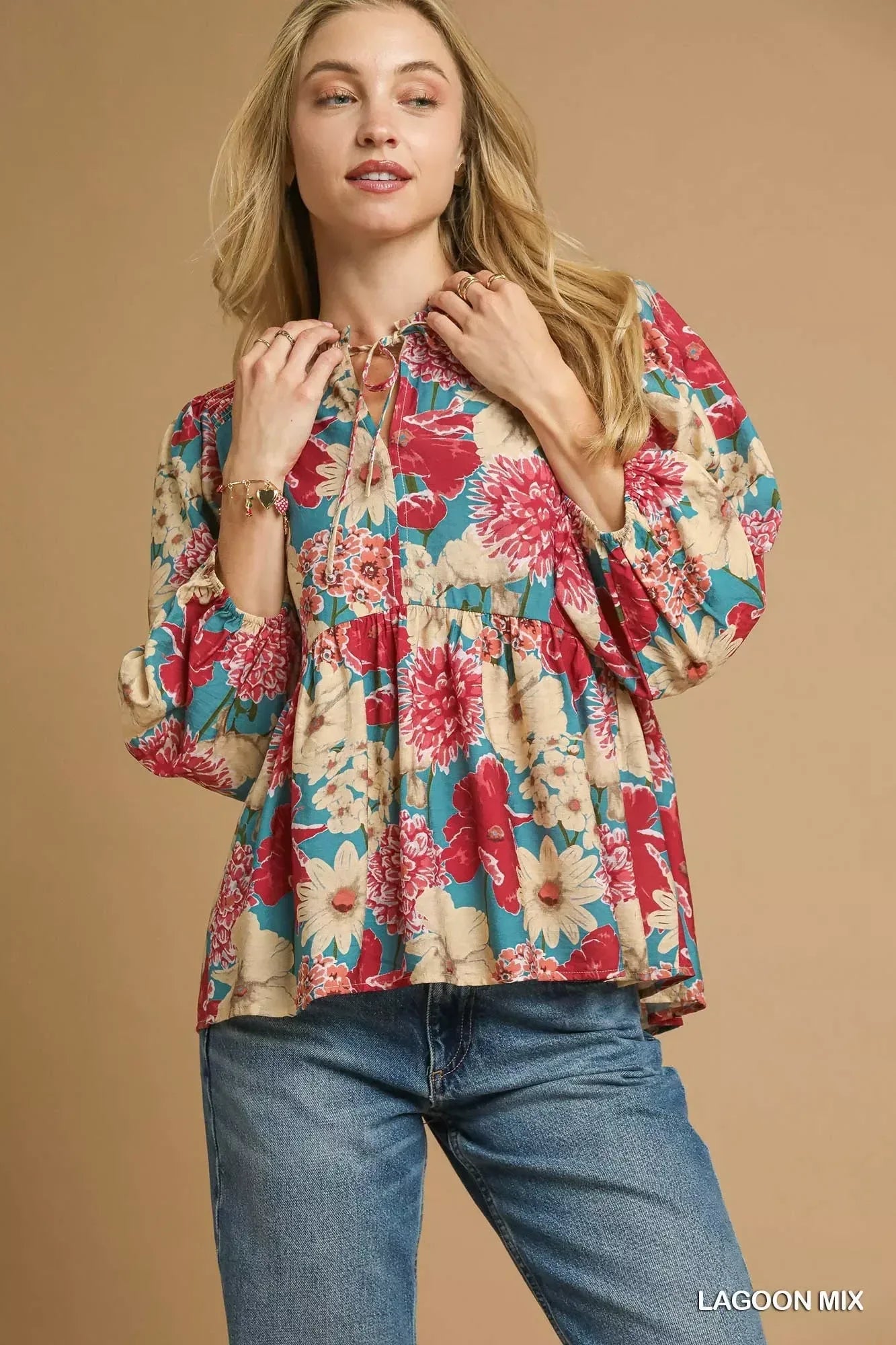 Umgee Mix Floral Peplum Blouse with Tie Neck - DAVERRI FASHIONS