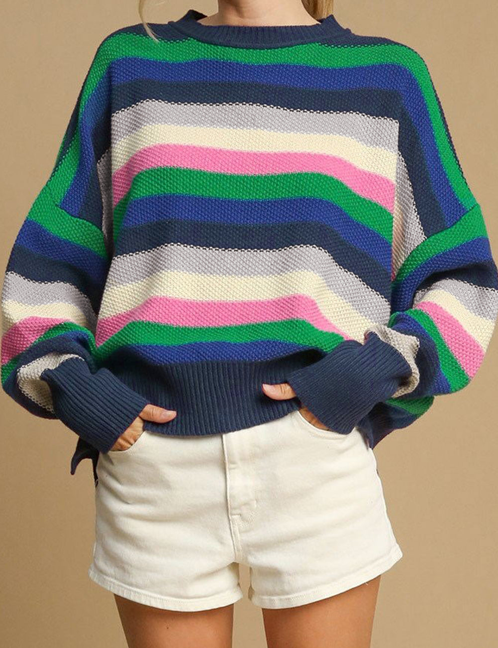 Bright Green 55%Acrylic+45%Cotton Rainbow Striped Crew Neck Drop Shoulder Sweater | Sweaters Daverri Fashions