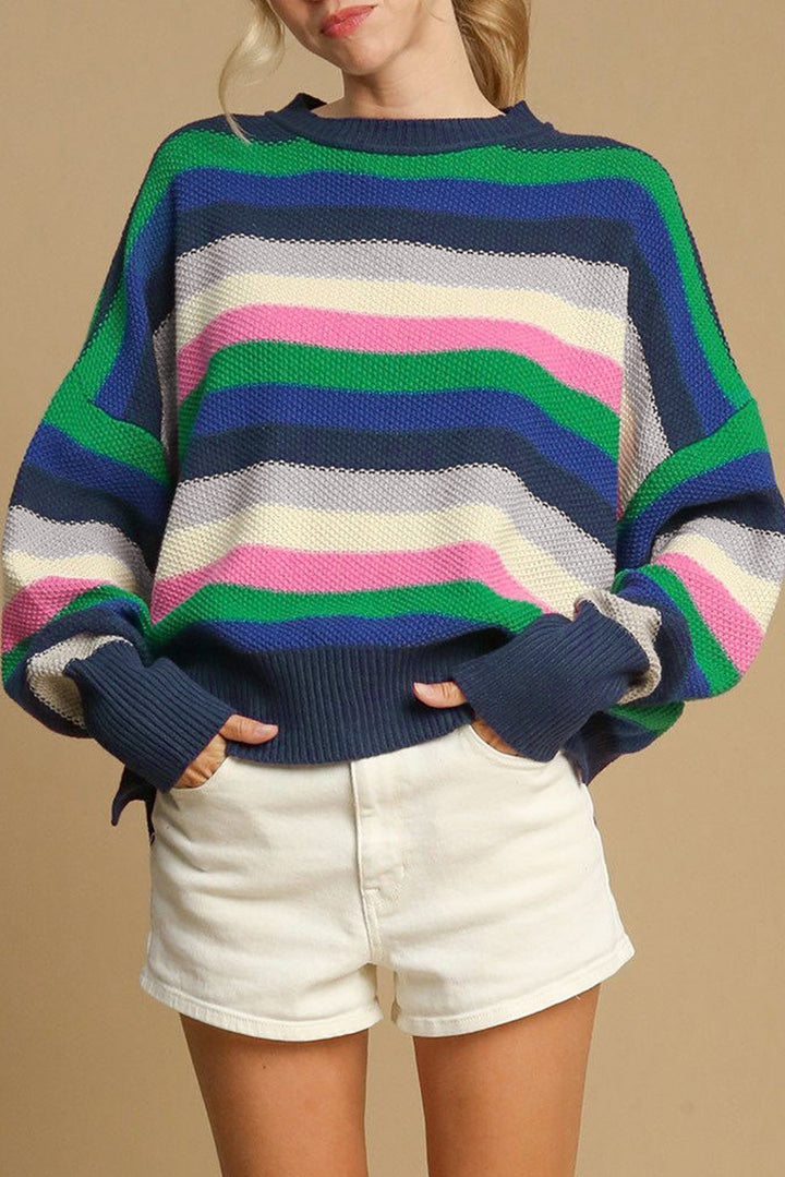 Bright Green 55%Acrylic+45%Cotton Rainbow Striped Crew Neck Drop Shoulder Sweater | Sweaters Daverri Fashions