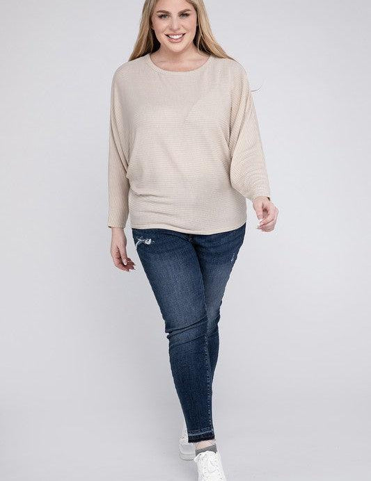 Zenana Plus Batwing Sleeve Knit Top-Casual Comfort Shirts & Tops