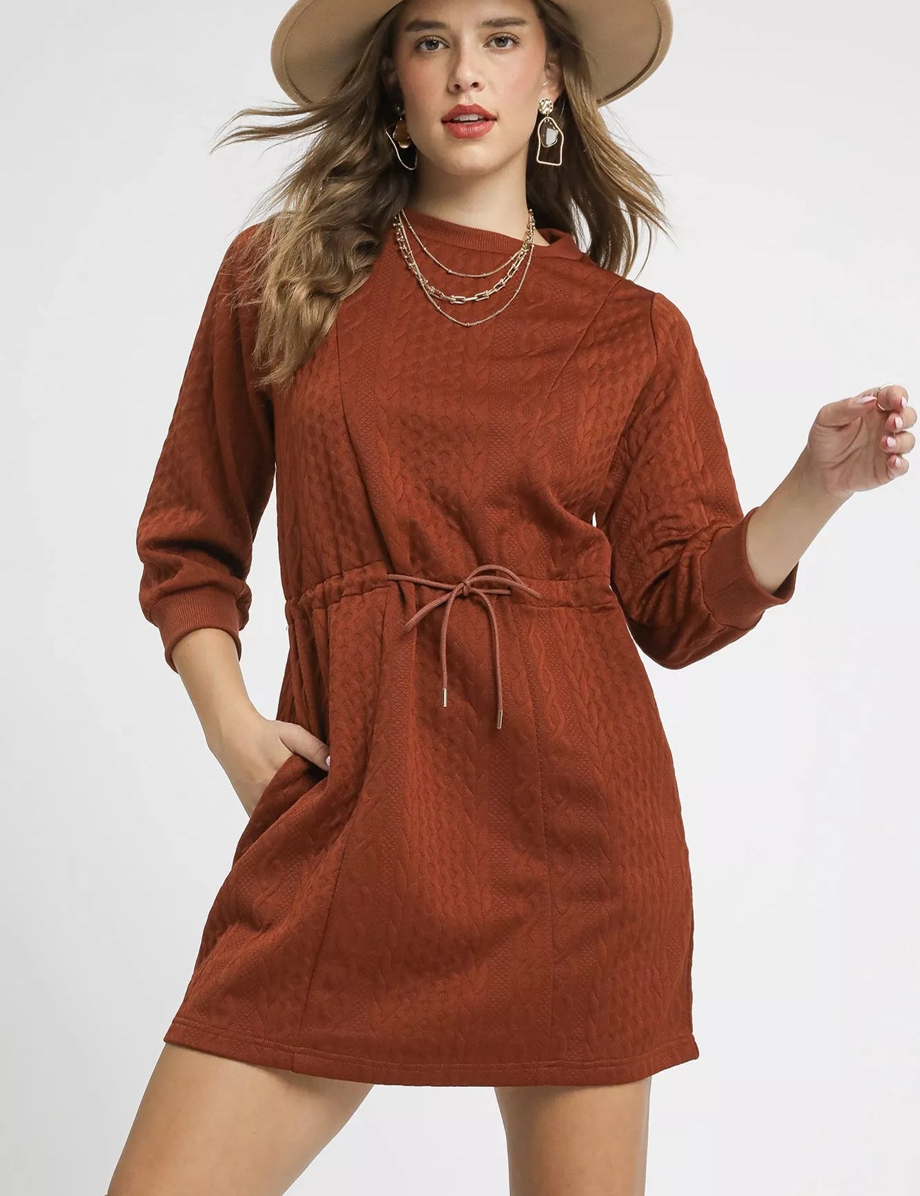Rust Umgee Drawstring Cable Knit Mini Dress with Pockets | Mini Dresses Daverri Fashions