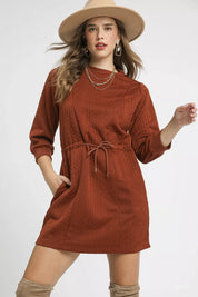 Rust Umgee Drawstring Cable Knit Mini Dress with Pockets | Mini Dresses Daverri Fashions