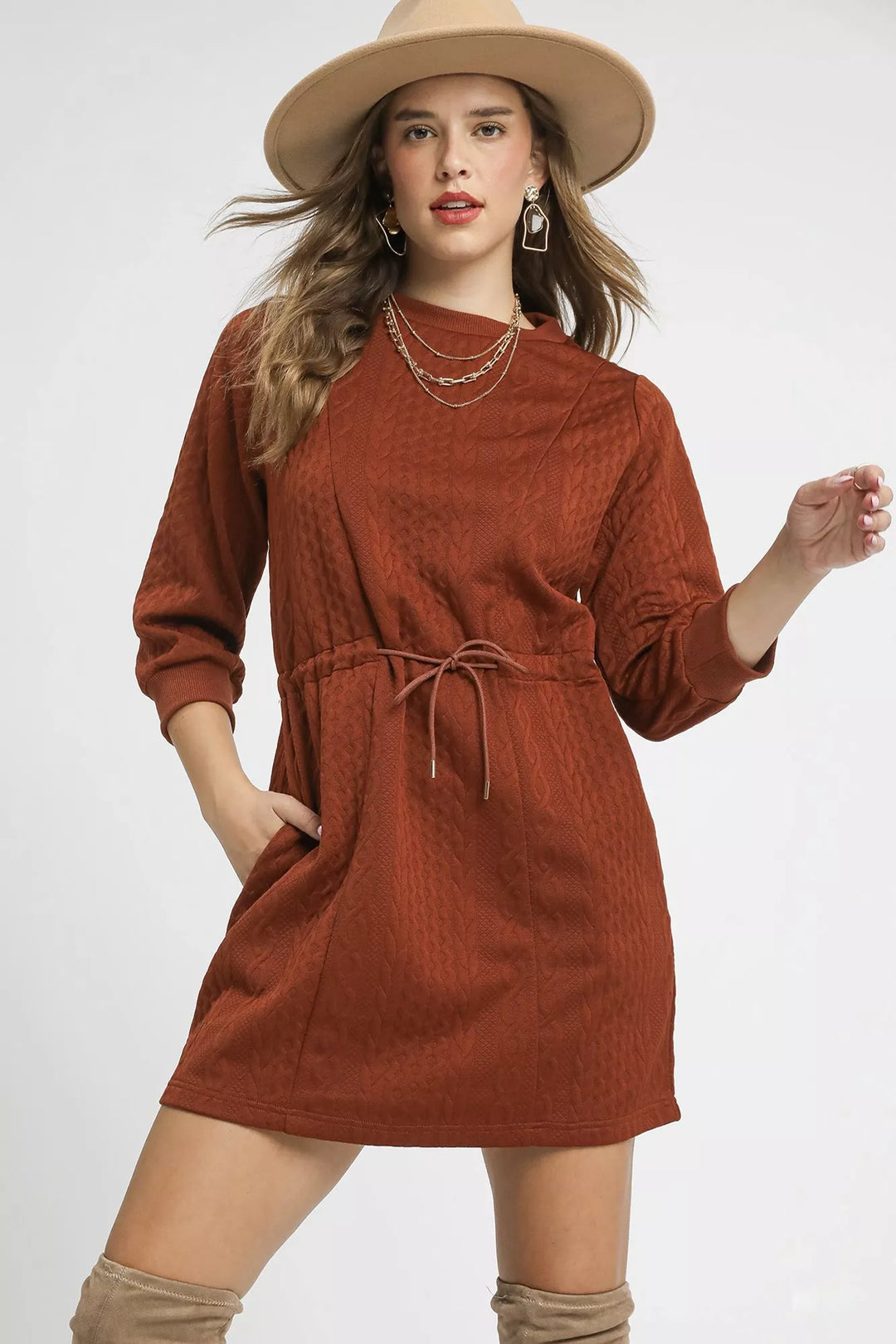 Rust Umgee Drawstring Cable Knit Mini Dress with Pockets | Mini Dresses Daverri Fashions