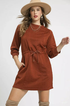 Umgee Drawstring Cable Knit Mini Dress with Pockets - DAVERRI FASHIONS