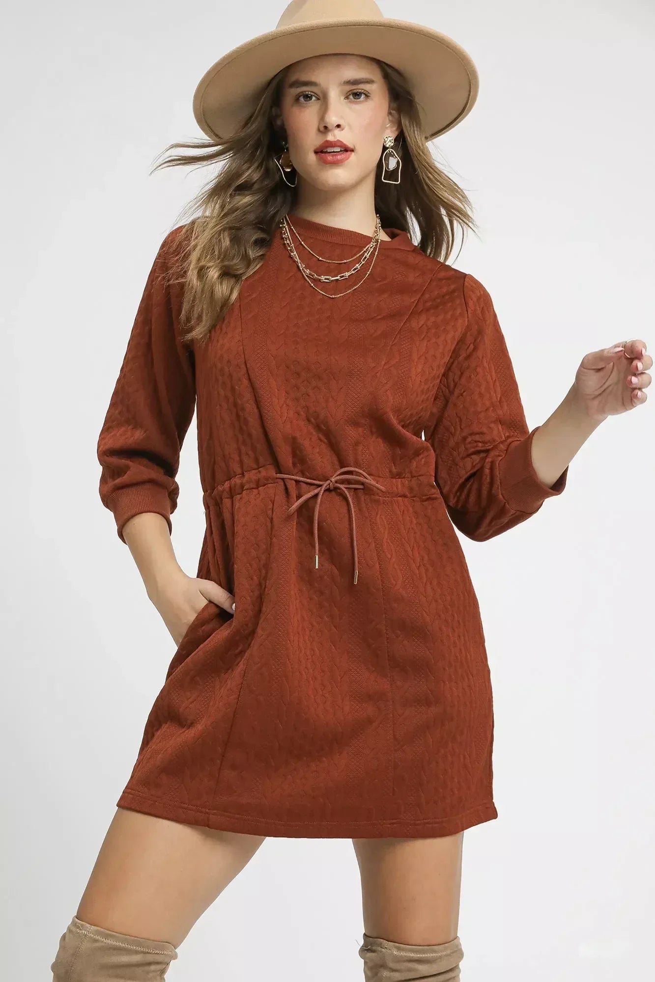 Umgee Drawstring Cable Knit Mini Dress with Pockets - DAVERRI FASHIONS