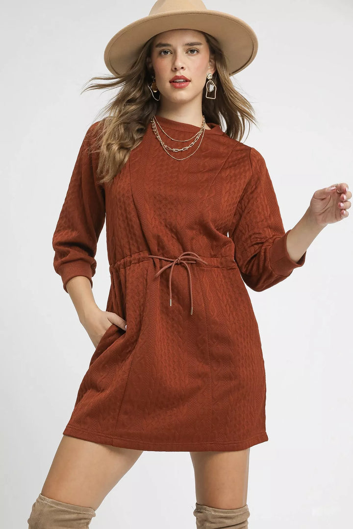 Rust Umgee Drawstring Cable Knit Mini Dress with Pockets | Mini Dresses Daverri Fashions
