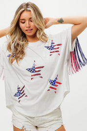 BiBi American Flag Sequin Star Fringe Top | Tops Daverri Fashions