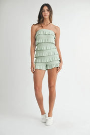 MABLE Pointelle Knit Fabric Ruffled Tube Romper | Rompers Daverri Fashions