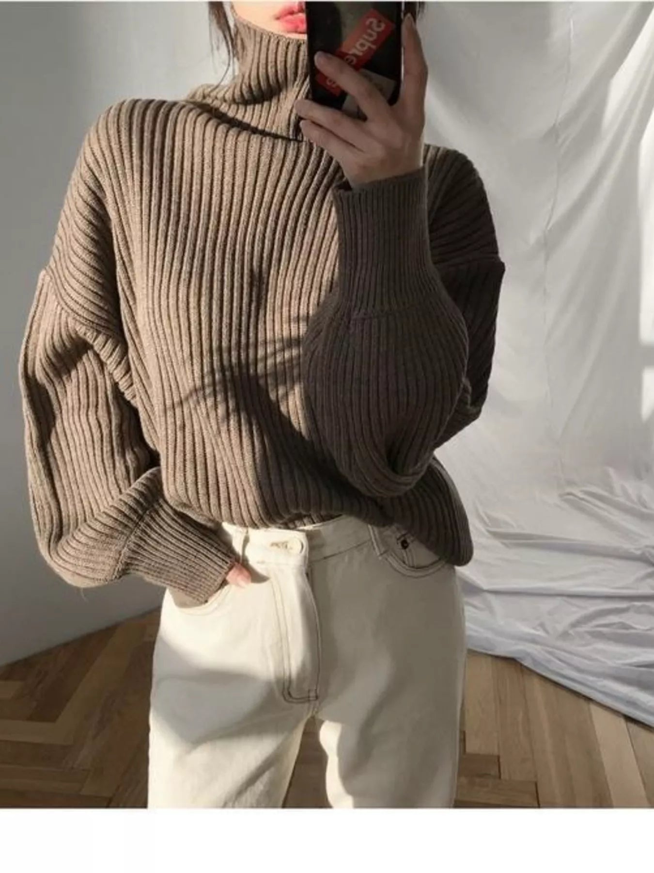 Cozy oversized turtleneck ribbed knit sweater in taupe, plus size