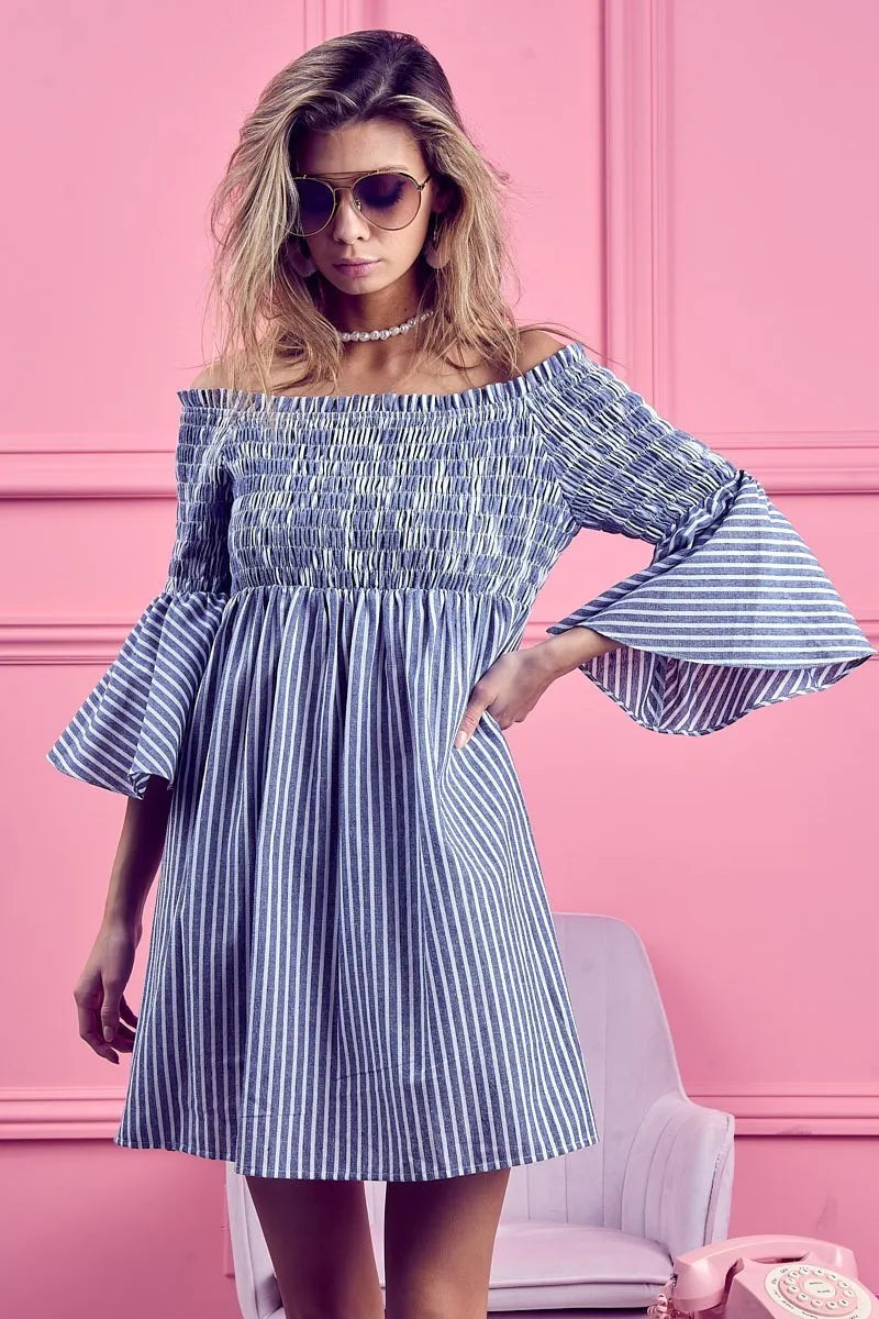 BiBi Smocked Off-Shoulder Blue and White Striped Dress